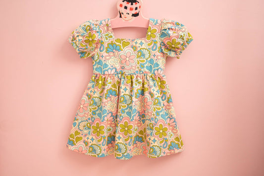 60s Psychedelic Floral Puff Sleeve Dress