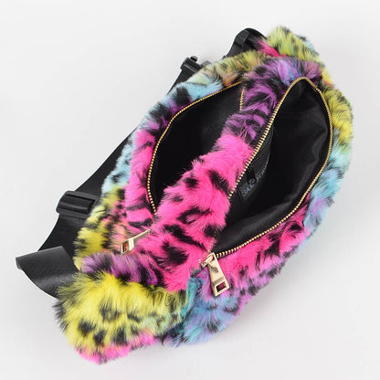 Rainbow Leopard Faux Fur Fanny Pack
