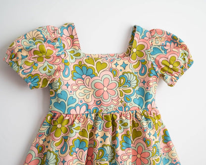 60s Psychedelic Floral Puff Sleeve Dress
