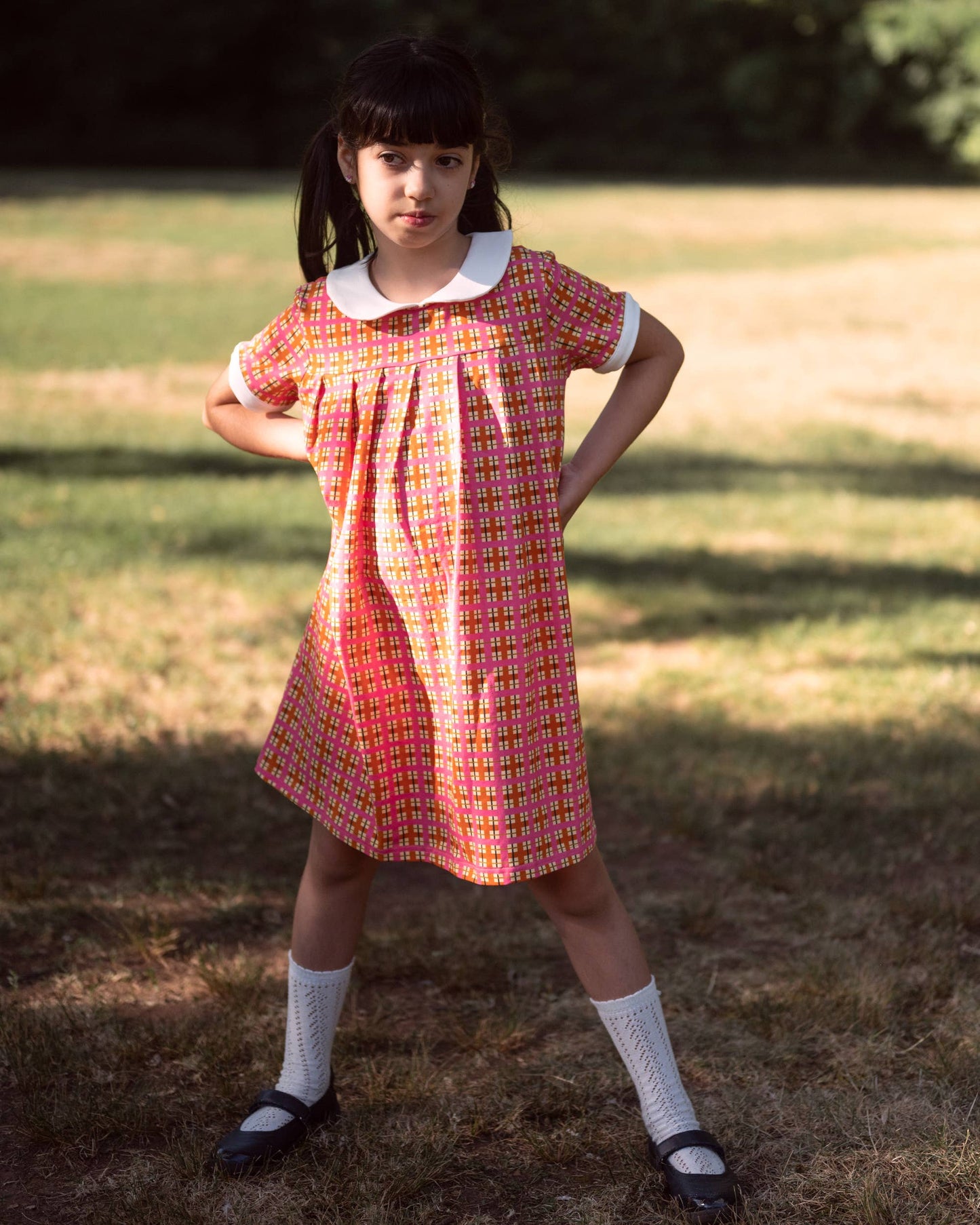Pink Plaid Peter Pan Collar Girls Dress