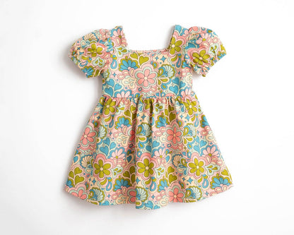 60s Psychedelic Floral Puff Sleeve Dress